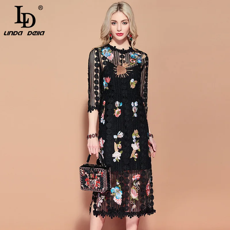 

LD LINDA DELLA 2019 Spring Fashion Runway Casual Vintage Black Dress Women's Gorgeous Hollow out Embroidered Flower Lace Dress