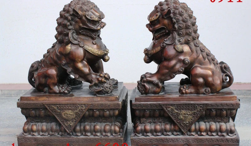 

17" Folk China FengShui Bronze Fu Foo Dog Lion Ball Cub Sit Stone Statue Pair