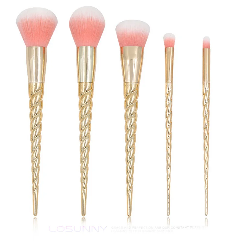 

5pcs Pink Hair Gold Unicorn Makeup Brushes Set Foundation Brush Face Powder Eyeliner Blending Cosmetic Beauty Tool Kit
