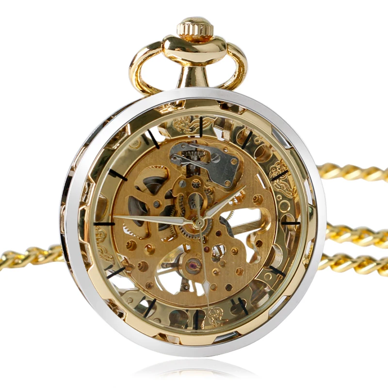 Luxury Golden Pocket Watch Skeleton Steampunk Mechanical Hand Wind Fob Clock Men Women Unisex Gift Chain 5