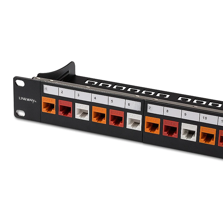 19 inch 24-Port Cat6 Modular Patch Panel Incl. 24pcs RJ45 Tool-less Keystone Jacks (Mixed Color Jacks: Red+Orange+White)