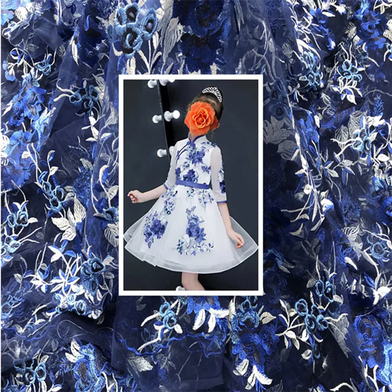 

SASKIA 1Yard Blue Flower Fabrics African Lace Material Sewing Wedding Evening Dress Baby Clothes Net Mesh Embroidered Fabric Diy