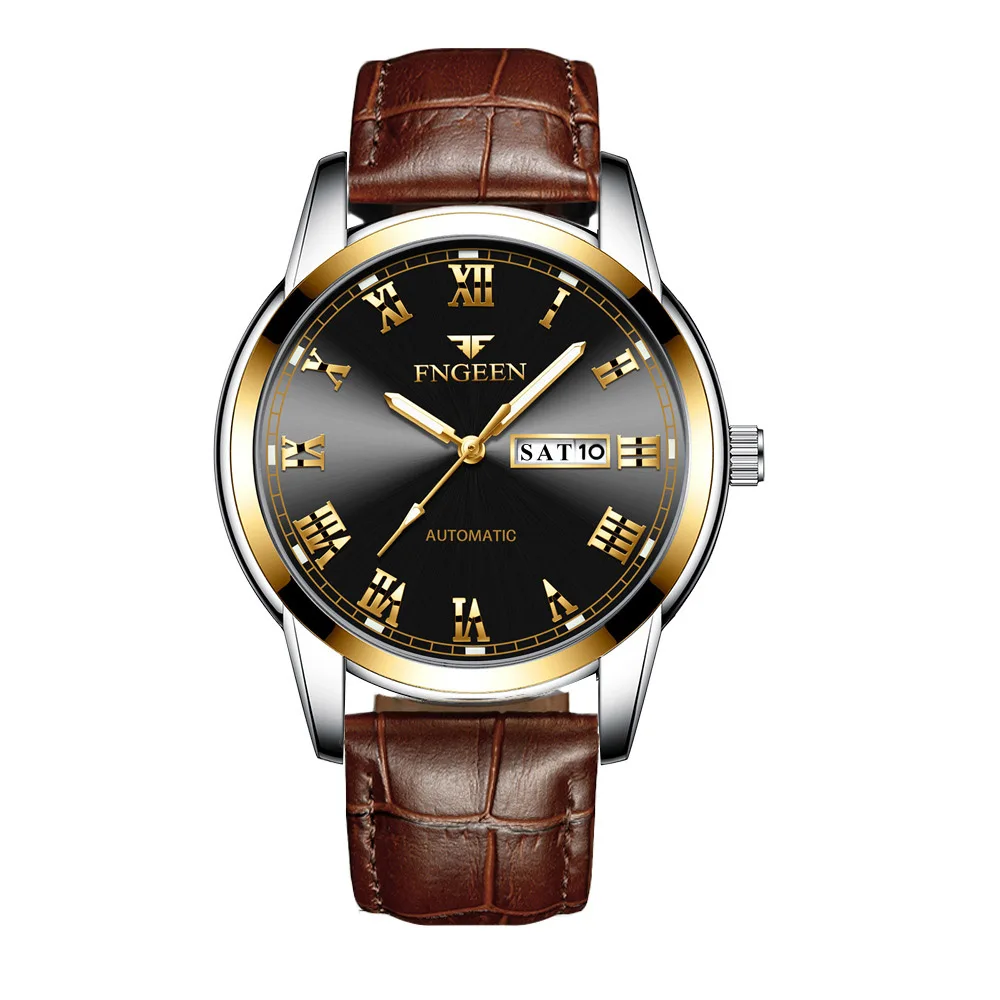 Мужские часы люксовый бренд FNGEEN наручные часы для мужчин часы Дата Неделя дисплей светящиеся кварцевые часы мужские часы Relogio Masculino - Цвет: LeatherTwoToneBlack