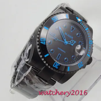 

40mm Bliger Black Dial ceramic bezel Sapphire Glass PVD Case Blue Marks Fashion Date Automatic movement men's Watch