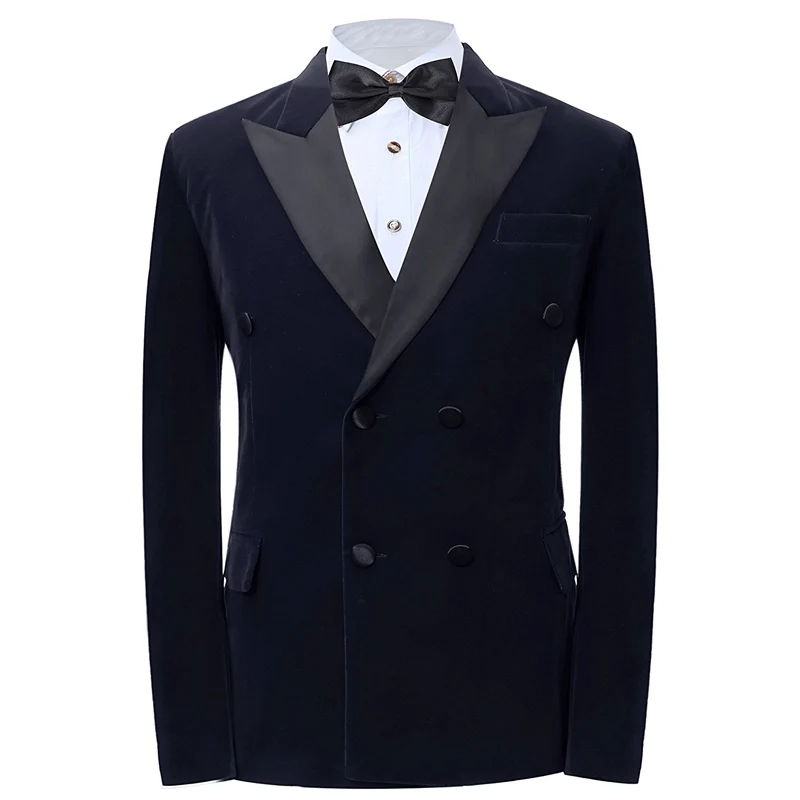 Navy Velvet Formal Men Suits Black Peaked Lapel Double Breasted Two