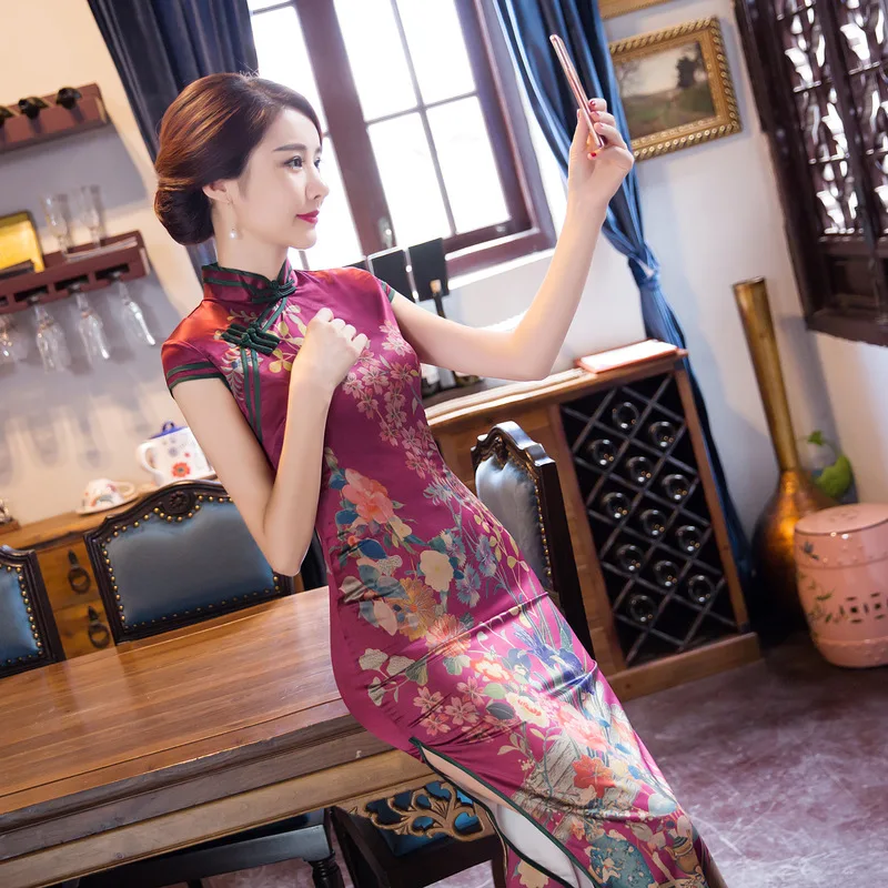 Новинка, женские Вечерние Платья с цветочным принтом в китайском стиле, винтажное платье с воротником-стойкой, сексуальное женское платье Ципао ручной работы на пуговицах, размер M-3XL