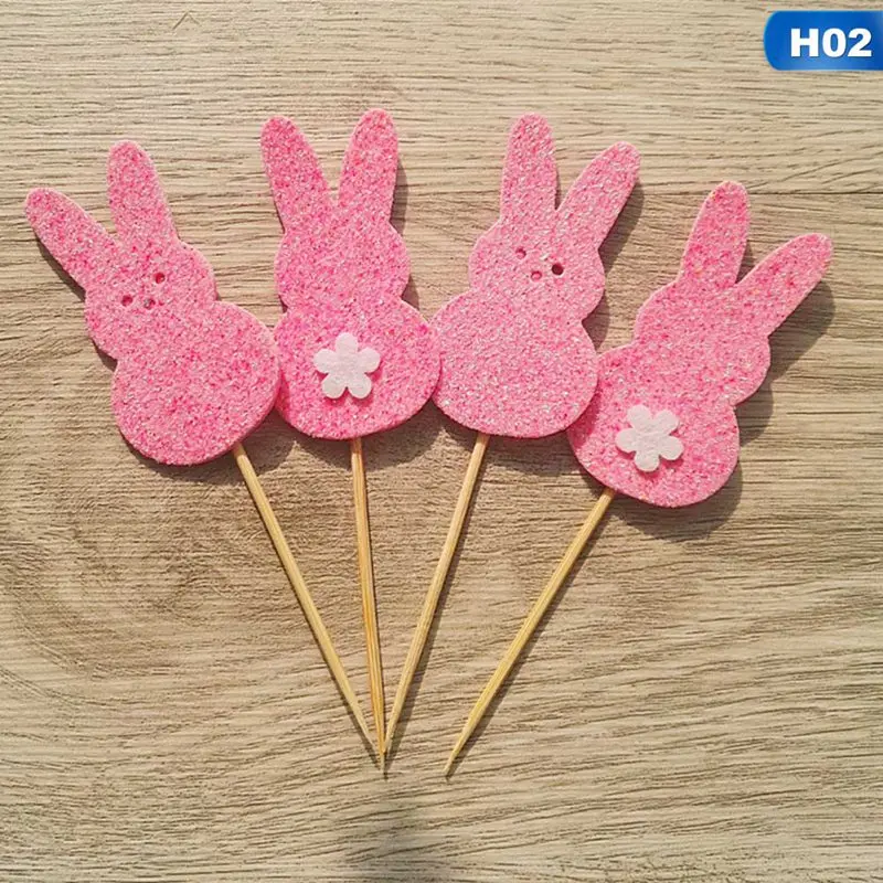 

4Pcs Happy Easter Cupcake Toppers Glitter Bunny Chicken Cake Topper Flags Sticker Baking DIY Party Cake Decor Inserts Card