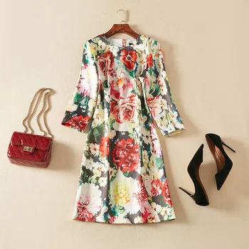

Vintage Flower Print Women Dress Elegant O-Neck OL Work Dresses D4162