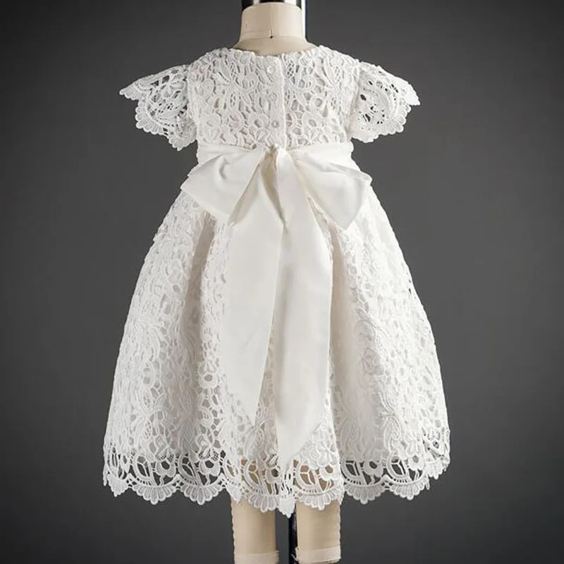 FBIL/белое кружевное платье с короткими рукавами для малышей платье для крещения/крещения с шапочкой высококачественные платья для маленьких девочек на первый день рождения