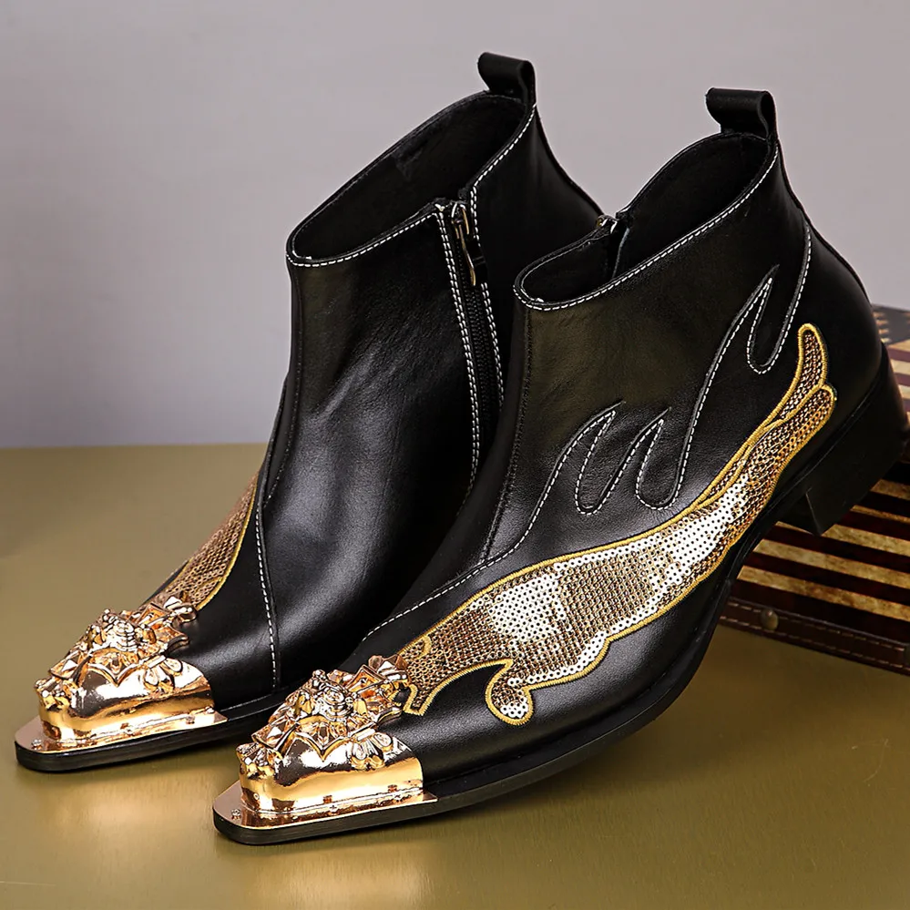 

Winter Men Ankle Boots Gold Silver Sequins Genuine Leather Boots Party Nightclub Formal Dress Shoes Male Short Boots Plus Size