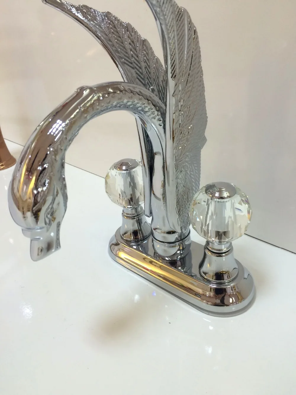 

Free ship Swan Sink Faucet mixer tap solid Brass PVD ti- Gold 4" Center Hole crystal handles Chrome color