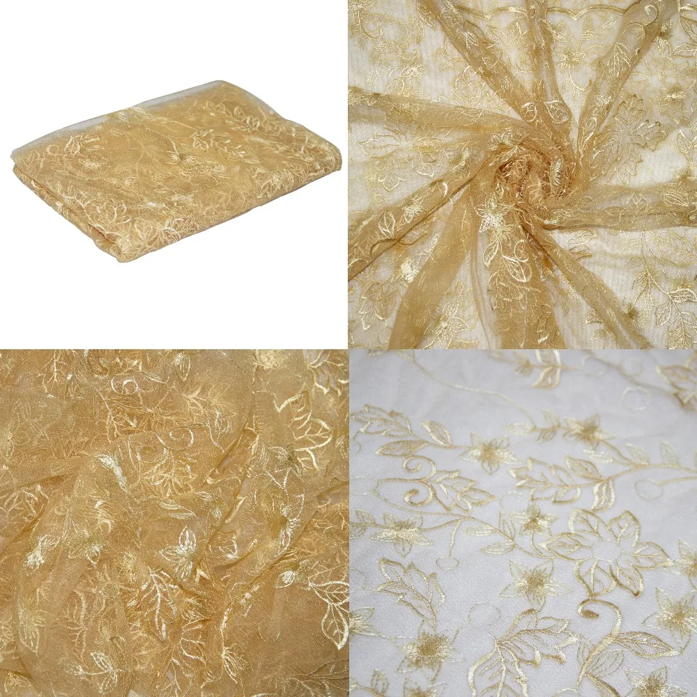 

New Design Environmental Protection Embroidered Fabric Gold Wedding Fabric Decoration for Dress 130cm Embroidered 150 wide