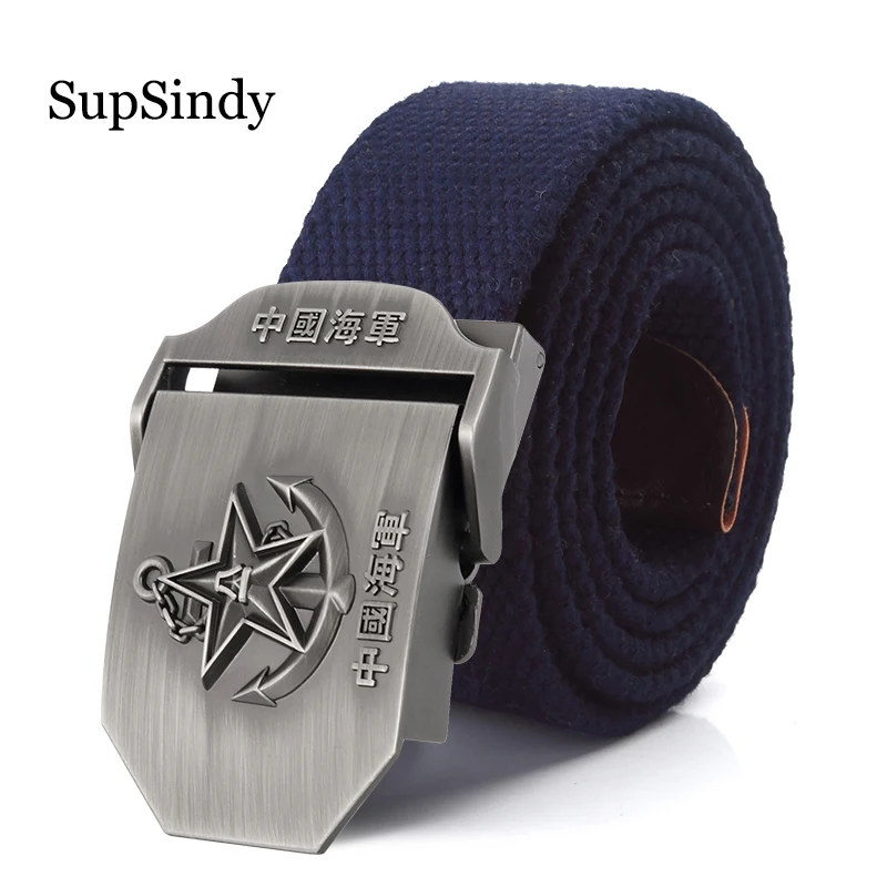 

SupSindy Canvas belt Chinese navy 3D star Alloy buckle military men belt Army tactical belts for Men Top quality male strap Blue