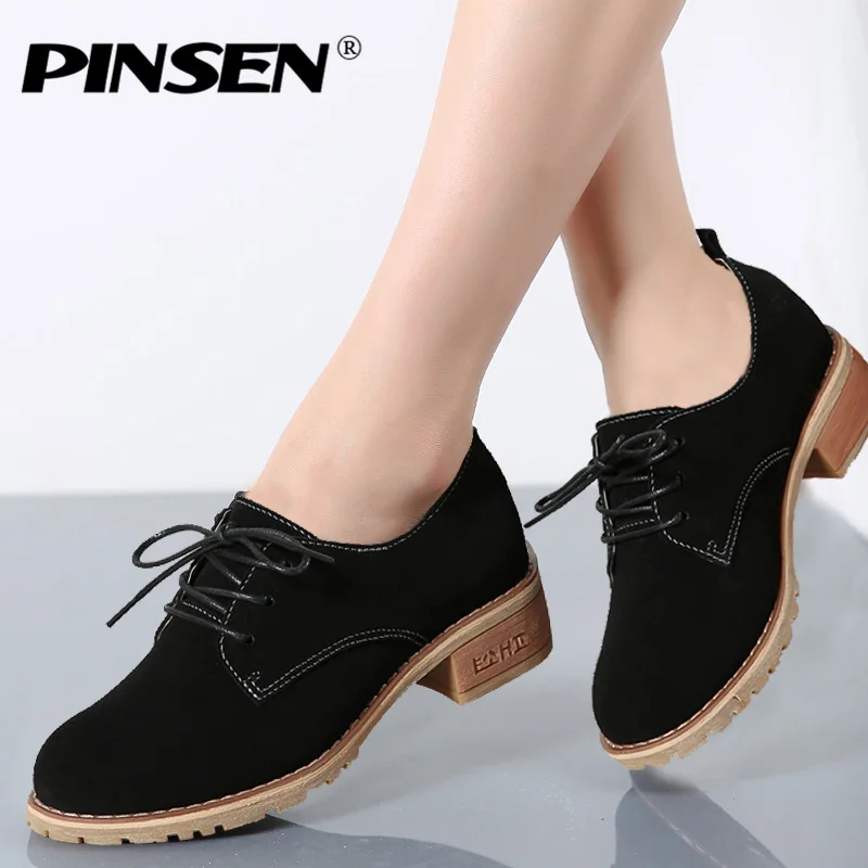 PINSEN/; осенние женские туфли-оксфорды; женские водонепроницаемые мокасины из кожи и замши на шнуровке с круглым носком на среднем каблуке; женские повседневные Мокасины на плоской подошве