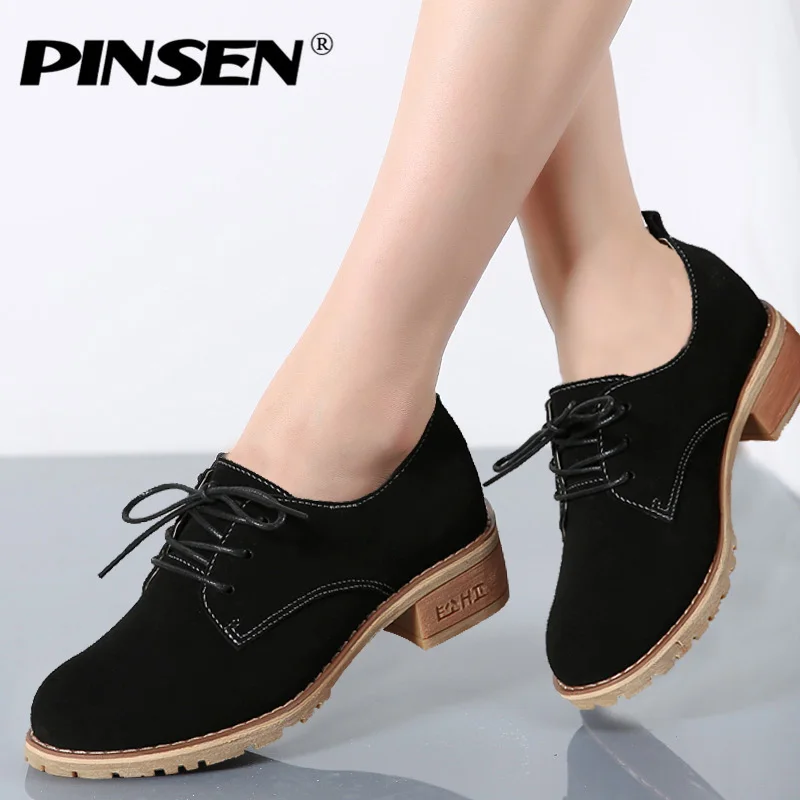 

PINSEN 2019 Autumn Women Oxford Shoes Leather Suede Lace Up Round Toe Middle Heel Ladies Boat Shoes Woman Casual Flat Moccasins
