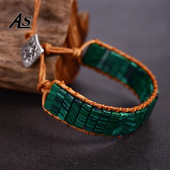 

Asingeloo Green Malachite Natural Beads Leather Rope Wrap Thread Handmade Tube Jewelry Vintage Cuff Bracelet Bohemia