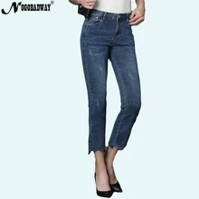 Осень Новое поступление джинсовые царапины женские Джинсы Расклешенные брюки до щиколотки женские джинсы Модная Нижняя высокая-Низкая НЕОБРАБОТАННАЯ кромка