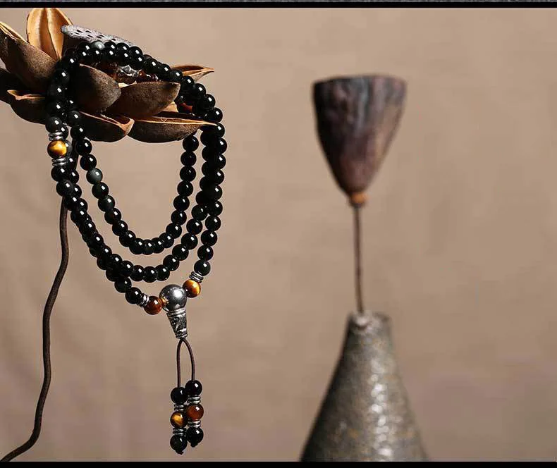 Радужный обсидиан браслет Будда ювелирные изделия 108 бусины с натуральный тигровый глаз камень подвеска амулет браслеты для мужчин и женщин