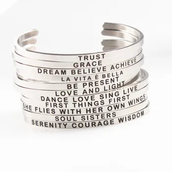 

4mm Silver Stainless Steel Engraved Positive Inspirational Quote Hand imprint Cuff Mantra Bracelet Bangle For Women Best Gifts