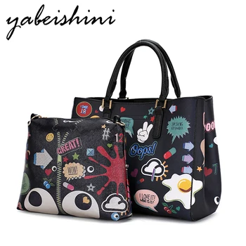 

Cartoon Graffiti Printed Top-handle Women Handbag Crossbody Shoulder Bag Lady with Purses Clutches Girls Bag White Two-piece set