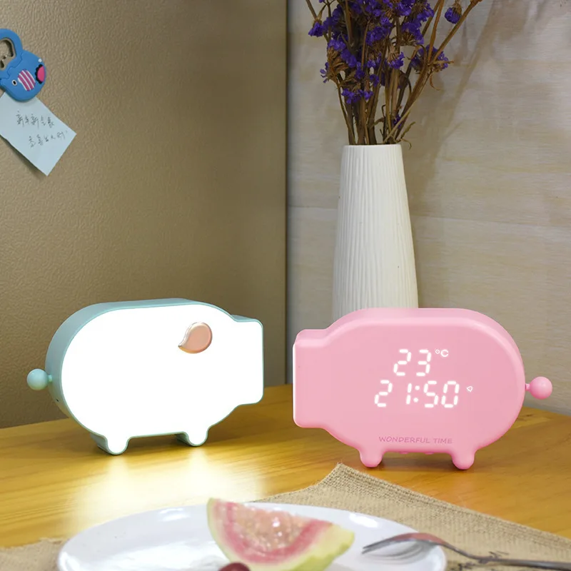 Cartoon-bedroom-pig-alarm-clock-LED-with-temperature-Night-Clock-Multifunctional-USB-charging-light-controlled-light