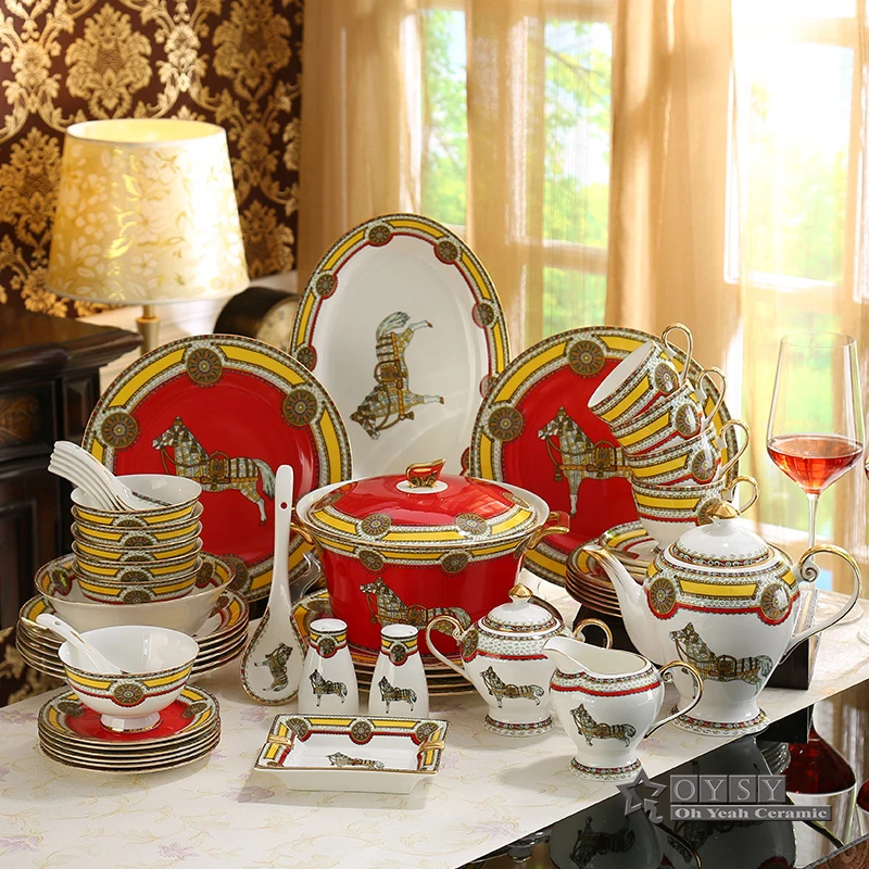 

Dinnerware set bone china god horses design red color outline in gold 58pcs dinnerware sets dinner set coffee sets wedding gift