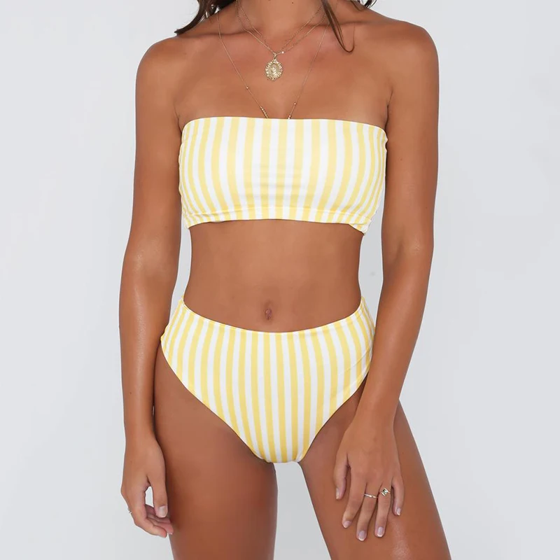 Ариэль Сары сексуальный желтый полосатый без бретелек бандо Бикини с высокой талией плавательный купальный костюм купальник женский бикини