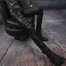 28-37! Зимние Личность молния мужской Slim черная кожа брюки узкие кожаные Штаны мужской этап певица костюмы