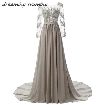 

robe de soiree 2019 Gray Sliver Prom Dresses Long Sleeve Backless Lace Appliques Saudi Arabic Long Evening Gown Court Train