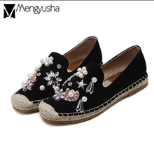Жемчужный Цветок бархат Рыбак женская обувь соломенные вязаные Мокасины летняя соломенная украшение с кристаллом женская текстильная обувь Эспадрильи