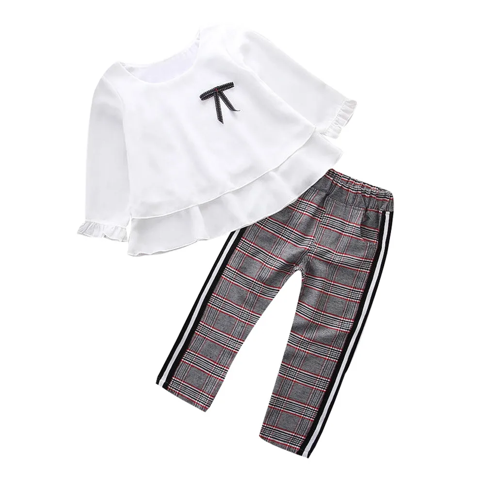 

New fashion British plaid college girls suit personality Girls Outfits Ruffle T Shirt Tops+Checked Pants Clothes Set F4