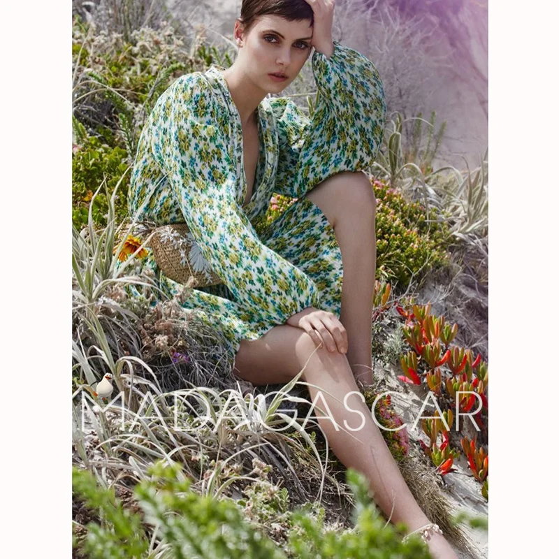 

Lemonade Acid Floral print developed by green pleated Accordion fold design Deep sexy v-neck mini dress Blouson sleeves