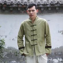 Autumn and winter chinese style retro frog patchwork embroidery casual pure linen cardigan men’s outer coat jacket with pocket