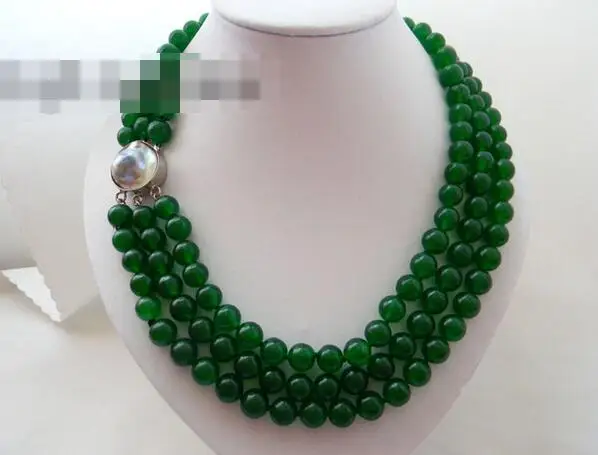 

3301 3Strands Green Round Jade Mabe Clasp Necklace