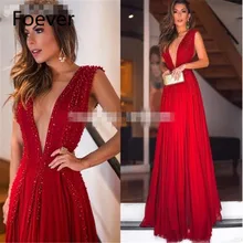 Сексуальное Красное платье Vestido Longo Festa, мягкое Тюлевое платье без рукавов с глубоким v-образным вырезом, жемчуг кристаллы, сексуальное вечернее платье для выпускного вечера