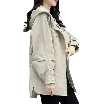 

2019 Spring Autumn Hooded Trench Coat New Casual Solid Thin Coat Long Sleeve Zipper Pocket Hooded Windbreaker New Fashion D221