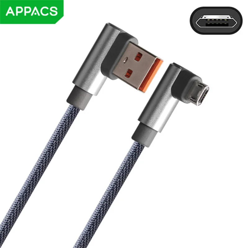 APPACS 90 градусов Micro USB кабель 2.4A быстрое зарядное устройство кабель данных плетеный кабель телефон зарядное устройство кабель для samsung huawei Microusb шнур - Цвет: Серый