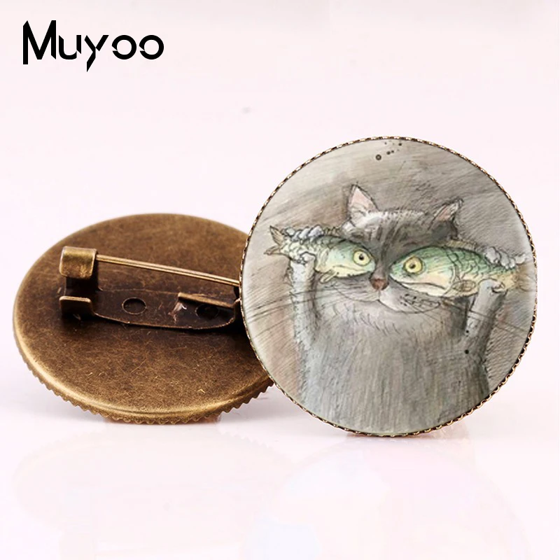 

2017 New Style Cat And Fish Brooch pin Animal Photo Brooches Cartoon Painting Pins Gifts Women Silver Bronze Jewelry Glass Round