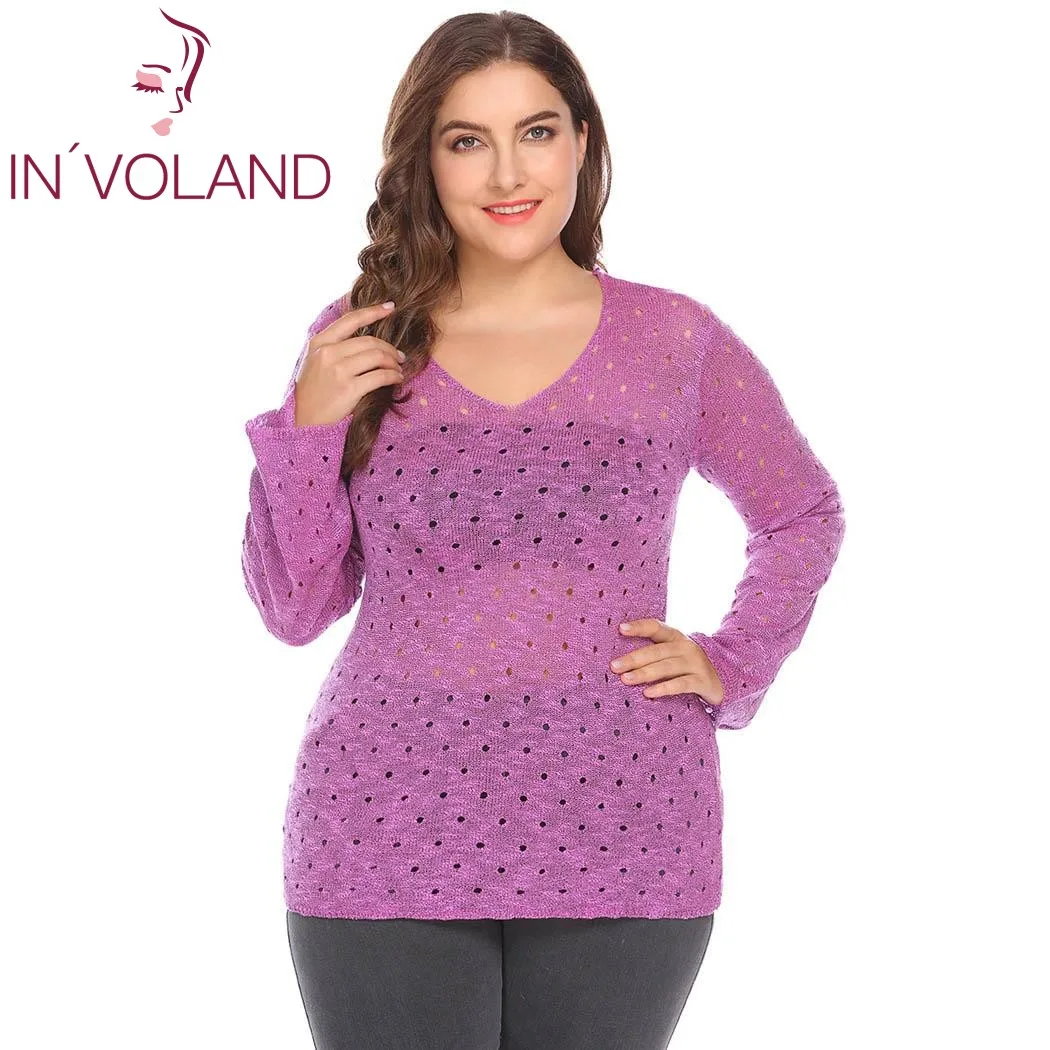 IN'VOLAND Women Sweater Tops Large Size 5XL Casual Autumn Spring Flare Sleeve Slim Hole Hollow Out Thin Female Pullover Sweaters | Женская