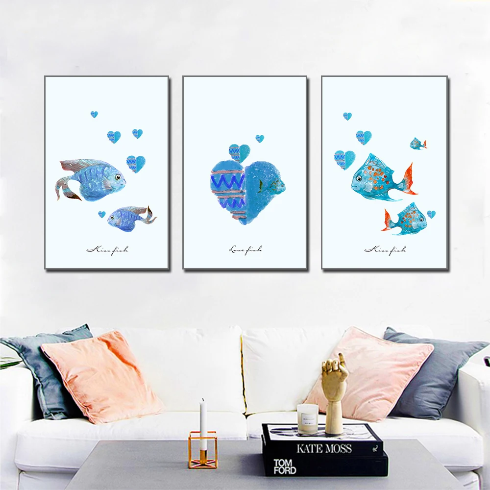 

Watercolor Cartoon Decorative Painting Cute Little Sea Fish Palm Living Room Inkjet Mural Nursery Kids Animal Posters