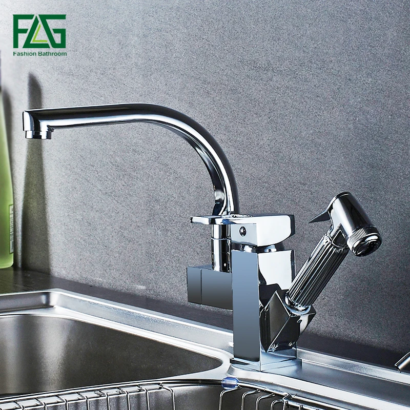 

FLG Kitchen Faucets Brass Chrome Kitchen Sink Faucet Pull Out Sprayer Swivel Spout Single Lever Deck Mount Vanity Mixer Taps