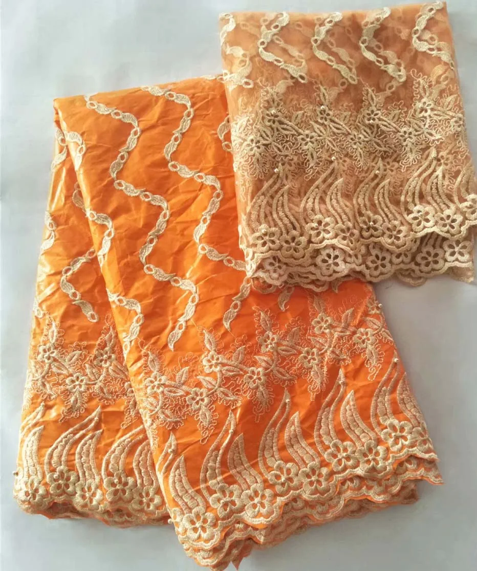 

5+2 Yards Africa Bazin Riche Getzner Lace Fabric 2018 With Blouse Orange Color Beaded Gold Line Embroidered Lace Basin Fabric