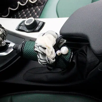 Винтажный сетчатый кожаный чехол для сидений автомобиля, чехол для ручного тормоза, чехол для рулевого колеса, жемчужные аксессуары для интерьера, зеленая подушка - Название цвета: 1pcs Hand brake cove