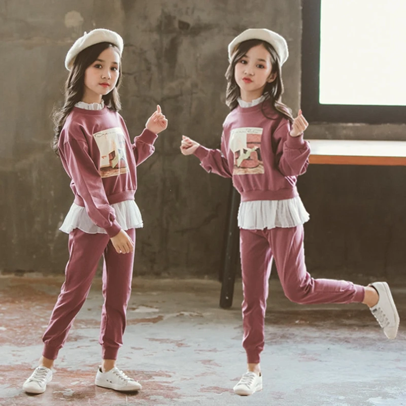 

Teen Girls Clothing Sets Casual Kids Suits Cotton Sportwear Children's Tops Patchwork Chiffon Sweatshirts+Pants Trousers Fashion
