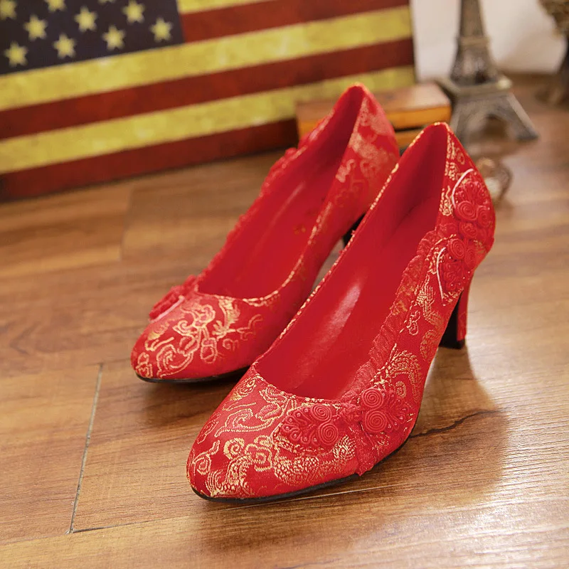 Красные свадебные туфли на высоком каблуке, костюм Феникса туфли чонсам, тонкие женские туфли китайская Свадебная обувь