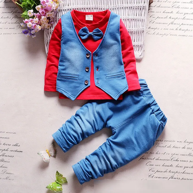 Коллекция года, одежда для маленьких мальчиков весенне-осенний ковбойский комплект для маленьких мальчиков, одежда для малышей, комплект одежды брендовый спортивный костюм комплекты из 3 предметов - Цвет: red sets