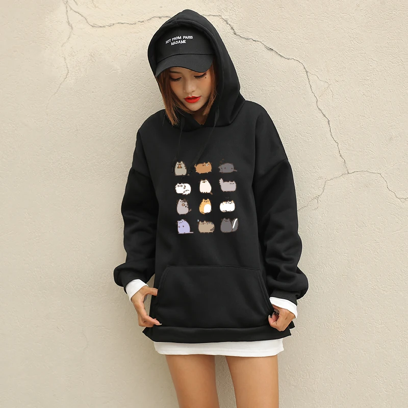 

Women Long Sleeve Hoodies Sweatshirts Casual Kawaii Cartoon Dante Cat Print Hooded Fashion Autumn Fleece Splicing Sweat Pullover