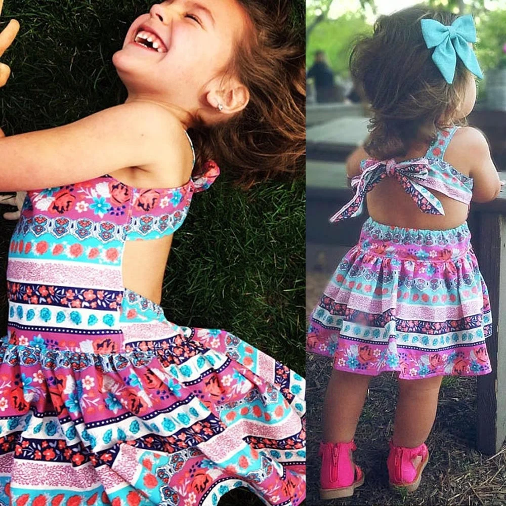 Baby Girl Dress Retro Style Summer Little Princess Costume Backless Striped Flower Print Dresses 2018 Children Clothes | Детская одежда
