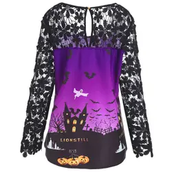 Для женщин s Топы и блузки осень Туника Хэллоуин Фиолетовый кружева Блузка с длинными рукавами женская одежда элегантные женские топы 5XL
