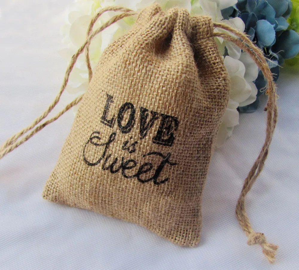 15pcs/lot Wholesale "LOVE is Sweet" Natural Hessian Bags Rustic wedding